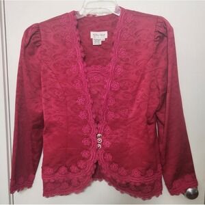 In The Mood‎ Fuchsia Jacquard Floral Lace Trim Top Rhinestone Buttons Sz 12
